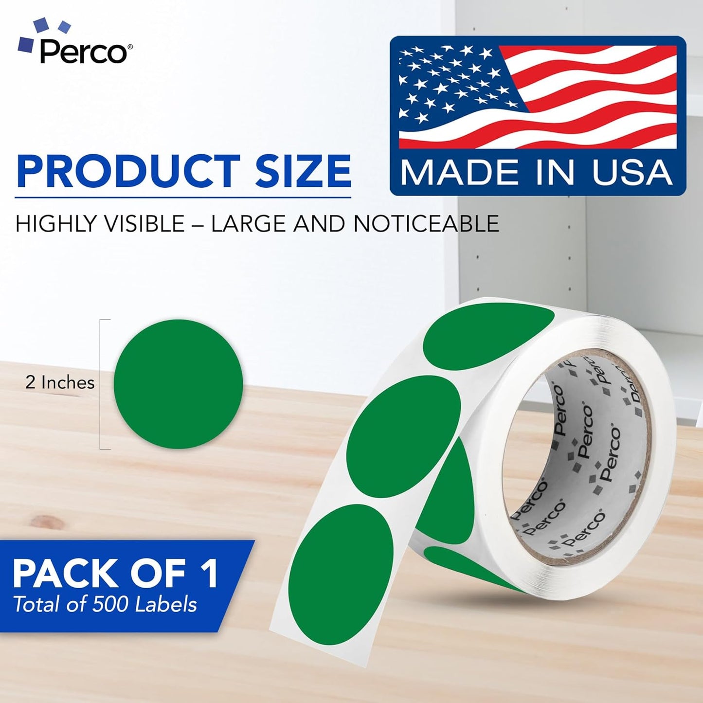 Perco Green 2-Inch Round Circle Dot Sticker Labels with Easy Peel Perforation - 500 Labels per Roll - Strong Adhesion, Vibrant Colors for Organizing, Crafting & More - Made in USA