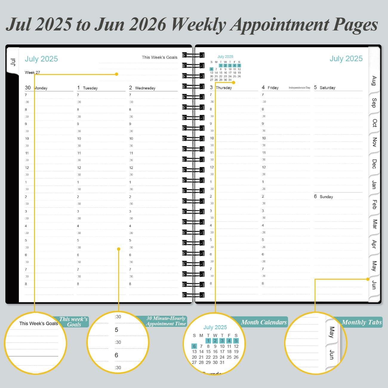 2025-2026 Appointment Book & Planner - Hourly Planner from July 2025 - June 2026, Weekly Appointment Book 2025-2026 with 30-Minute Interval, 6.4" x 8.5", Black