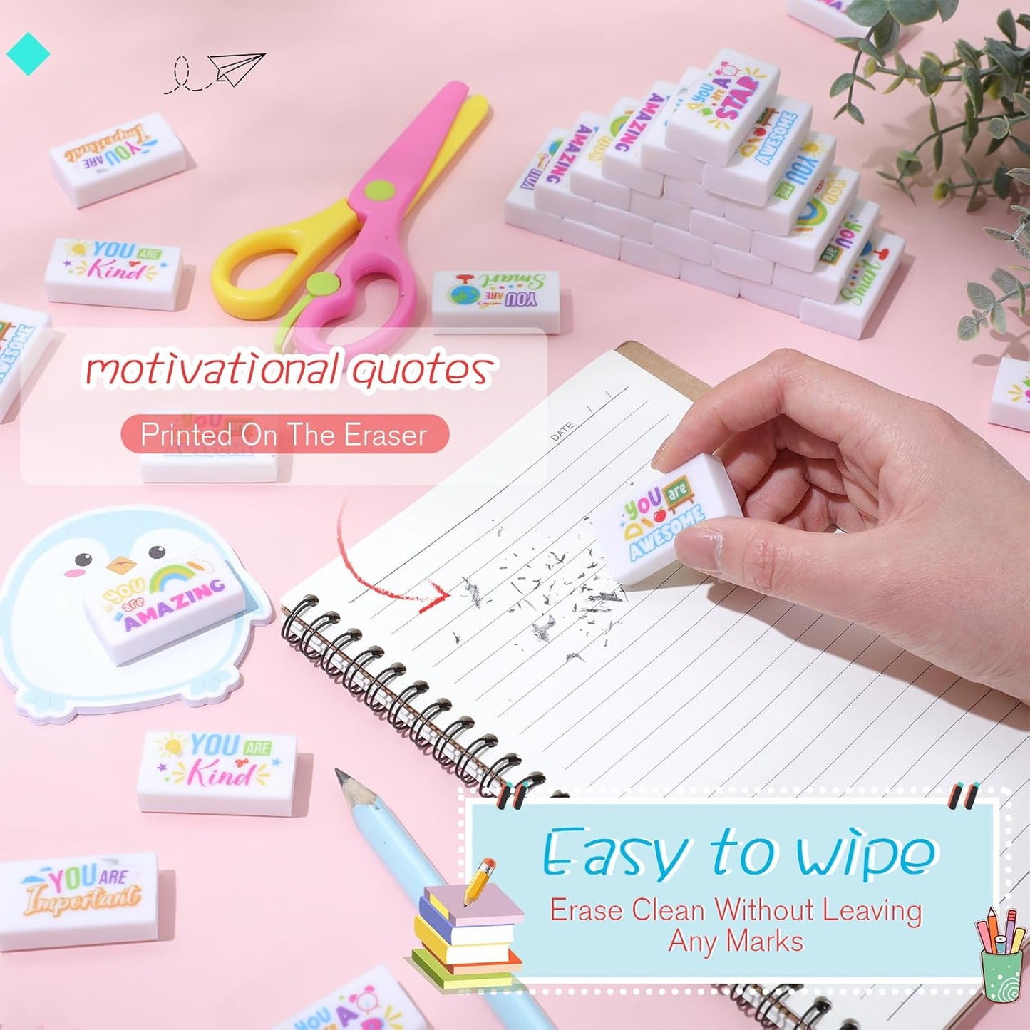 180 Pcs Inspirational Erasers for Kids Christian Pencil Erasers Bulk, Back-to-School Gifts Motivational and Cute Supplies for Students Classrooms, Drawing(White,Inspirational)