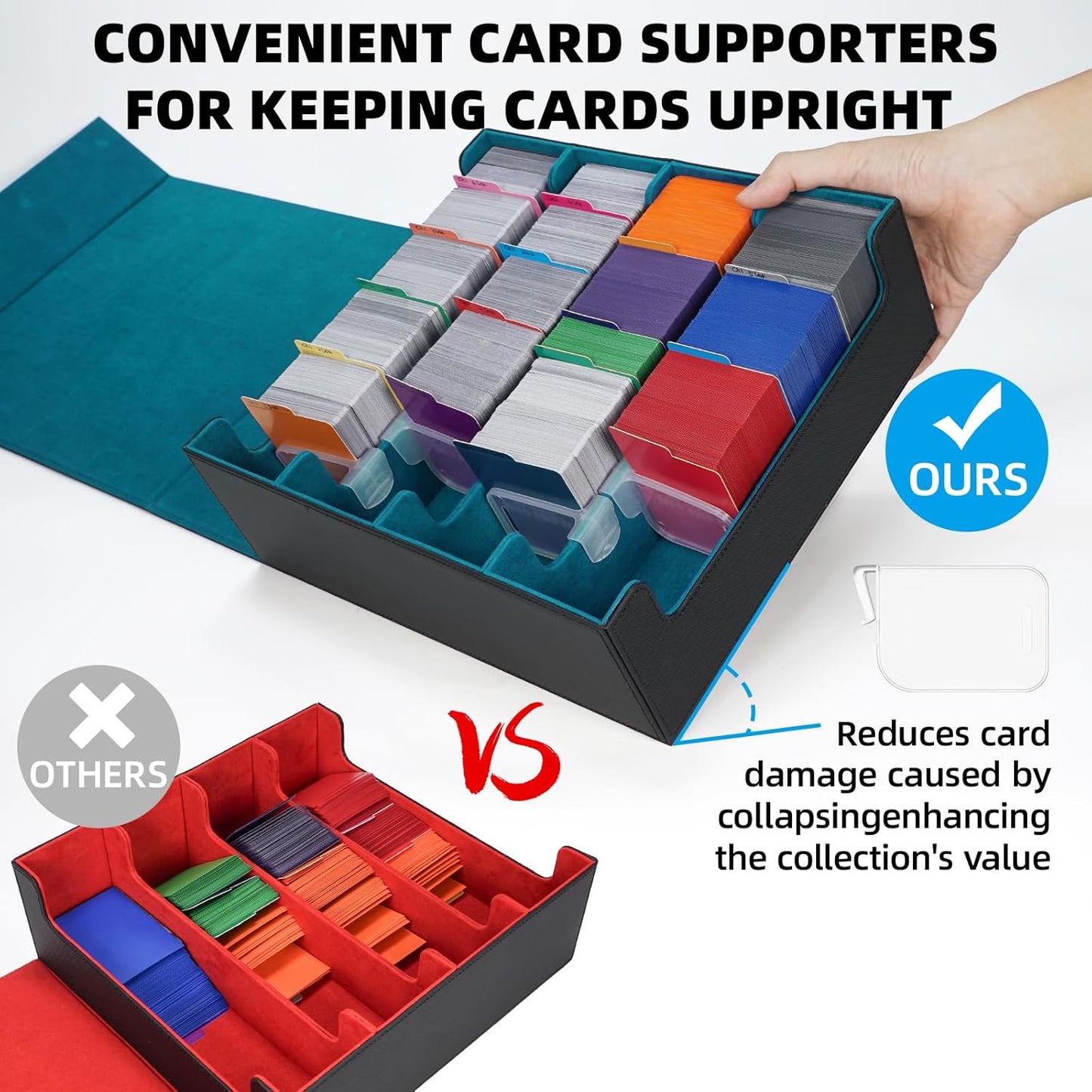 AFIING 4-Row Trading Card Storage Box – Holds 3200+ Cards, 48 Dividers & 4 Stoppers, Card Deck Box for MTG TCG Sports Cards – Includes 1 Dice Bag(Black Cyan)