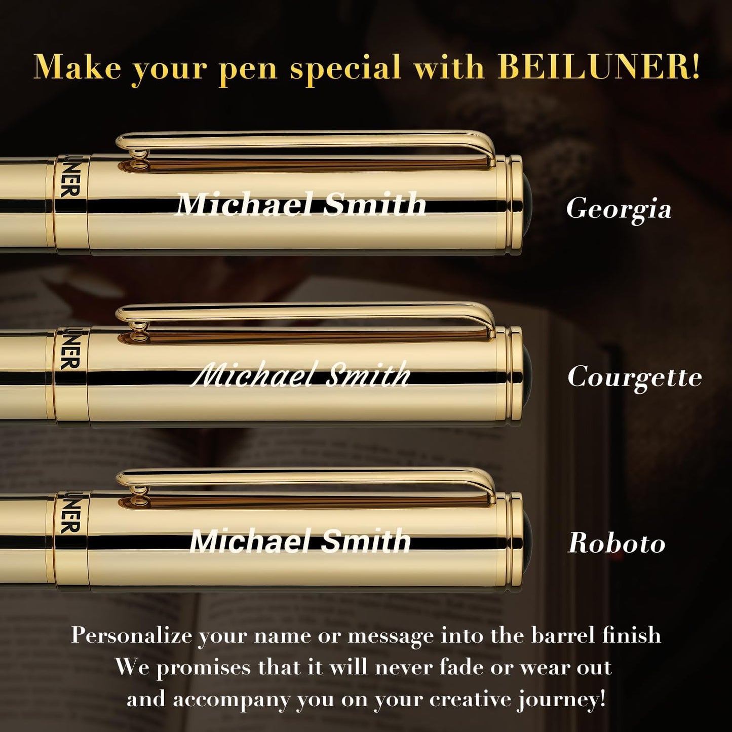 BEILUNER Personalized Gold Gel Pen, Stunning Luxury Pens with 24K Gold Finish, Black Ink Refill, Executive Gift Set for Family & Friends,Writing,Fancy,Office,Retractable, Graduation,Nice Designer Pens
