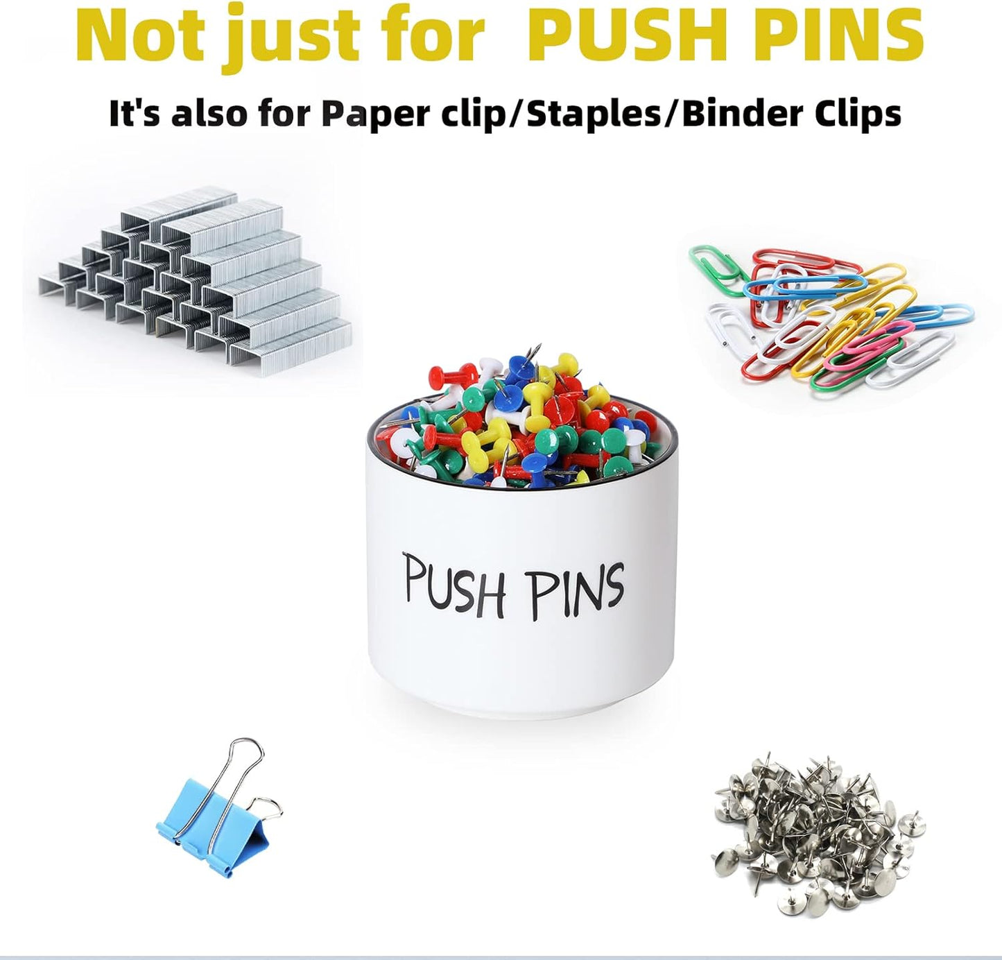 Ceramic Push Pins Holder, Paper Clips Dispenser Organizer for Desk and Binder Clips Holders Container for Office School Home Supplies 3.4Inch, White