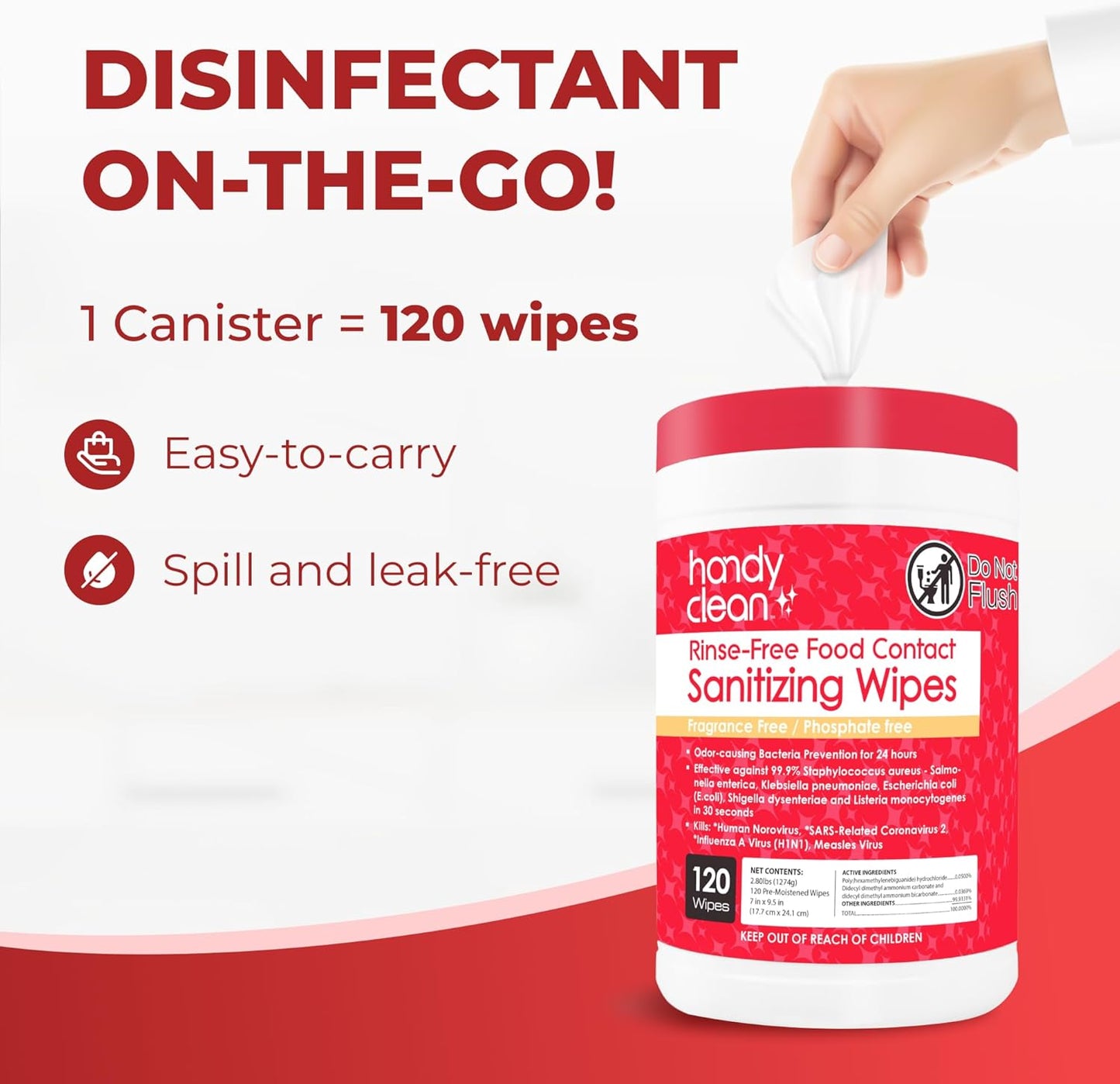 HandyClean Rinse-Free Food Contact Sanitizing Wipes Canister, Multi Surface Cleaning Supplies for Kitchen and Professional Setting One Canister (120 Wipes)