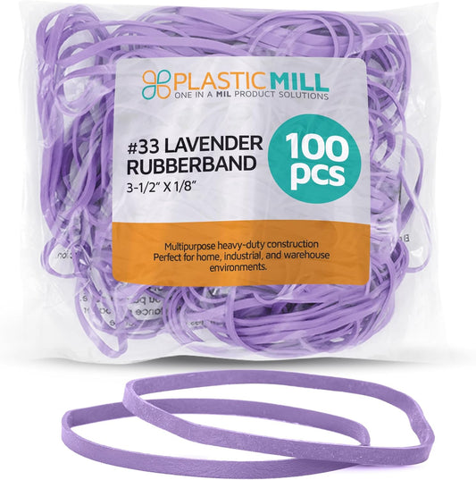 PlasticMill Lavender Rubber Bands Size 33 (3 1/2" x 1/8") - #33 Colored Rubber Bands Office Supplies - Strong, Elastic Bands for Crafts, Balloon Garland, Cash, File Folders (100-Pack)