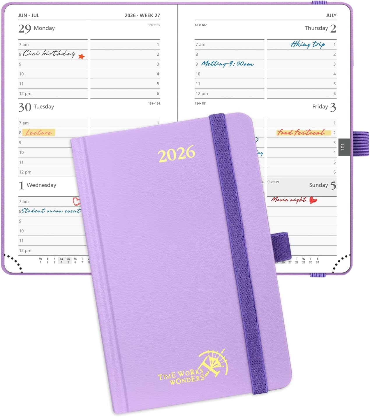 POPRUN 2026 Planner (Pocket Size 4''x 6.25'' Hardcover) - Small Calendar for Purse with Hourly Schedule & Vertical Weekly Layout, Monthly Calendars, 100 GSM - Violet