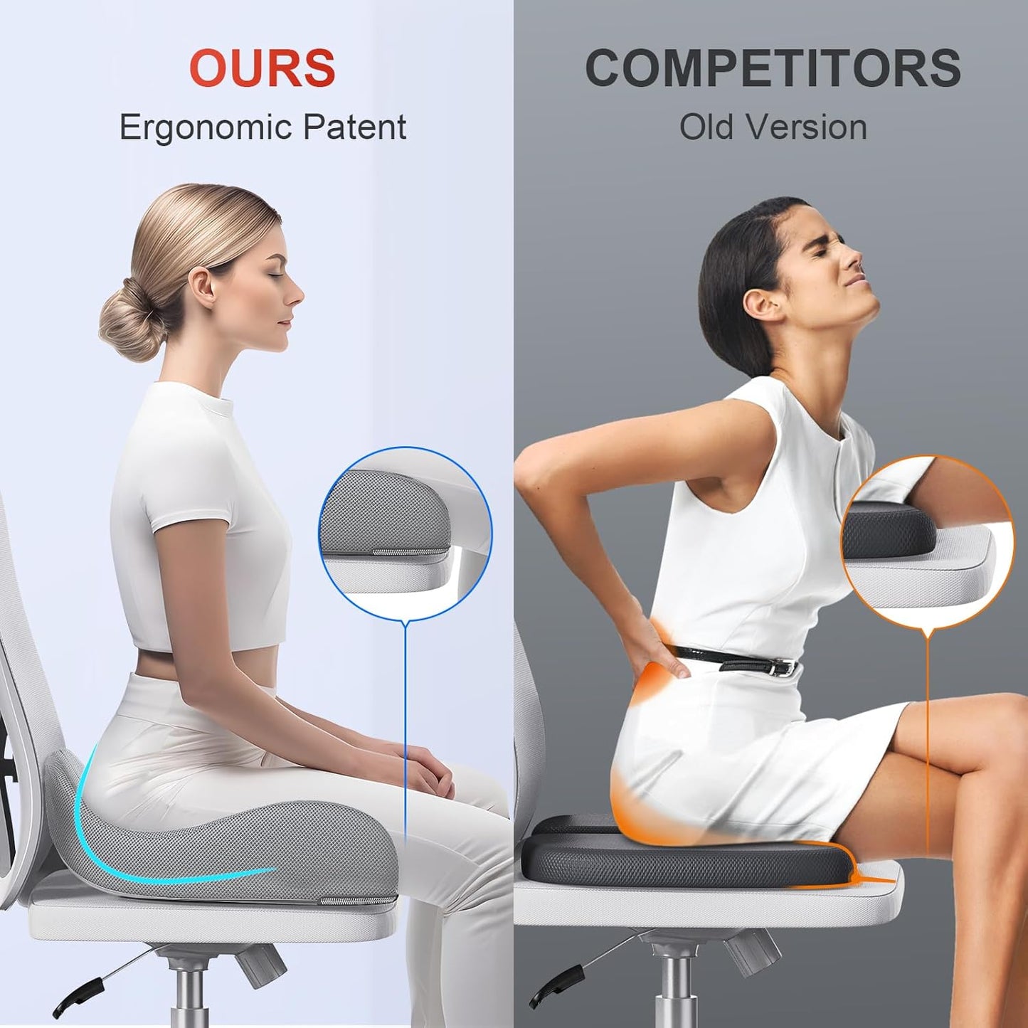 Benazcap X Large Memory Seat Cushion for Office Chair Ergonomic Cushions Pad Pillow for Pressure Relief Sciatica & Pain Relief Memory Foam for Long Sitting for Gaming Chair and Car Seat Gray