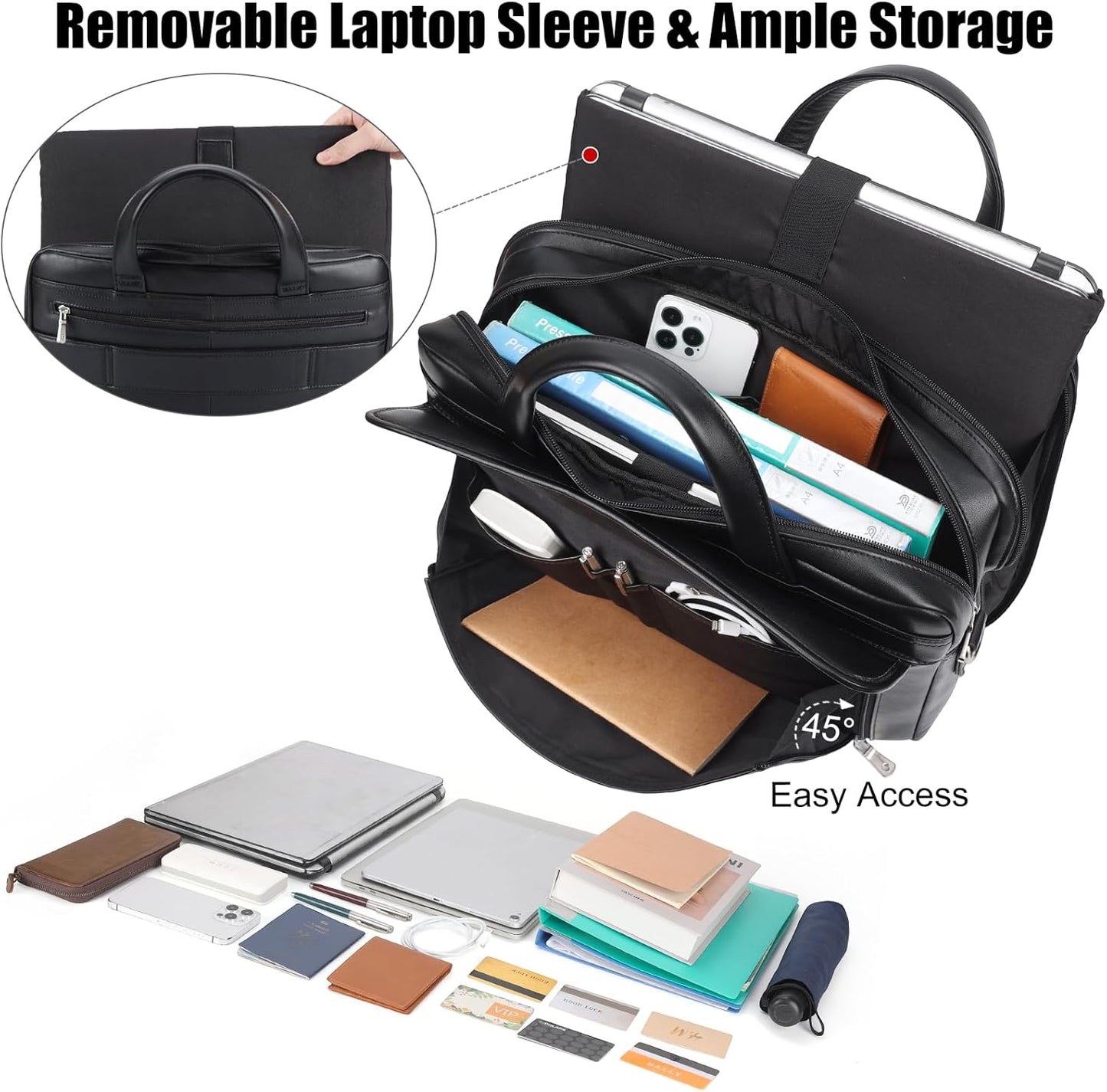 Masa Kawa Leather Briefcase for Men 15.6", 17" Laptop Computer Case Business Travel Work Messenger Cross Body Shoulder Bag