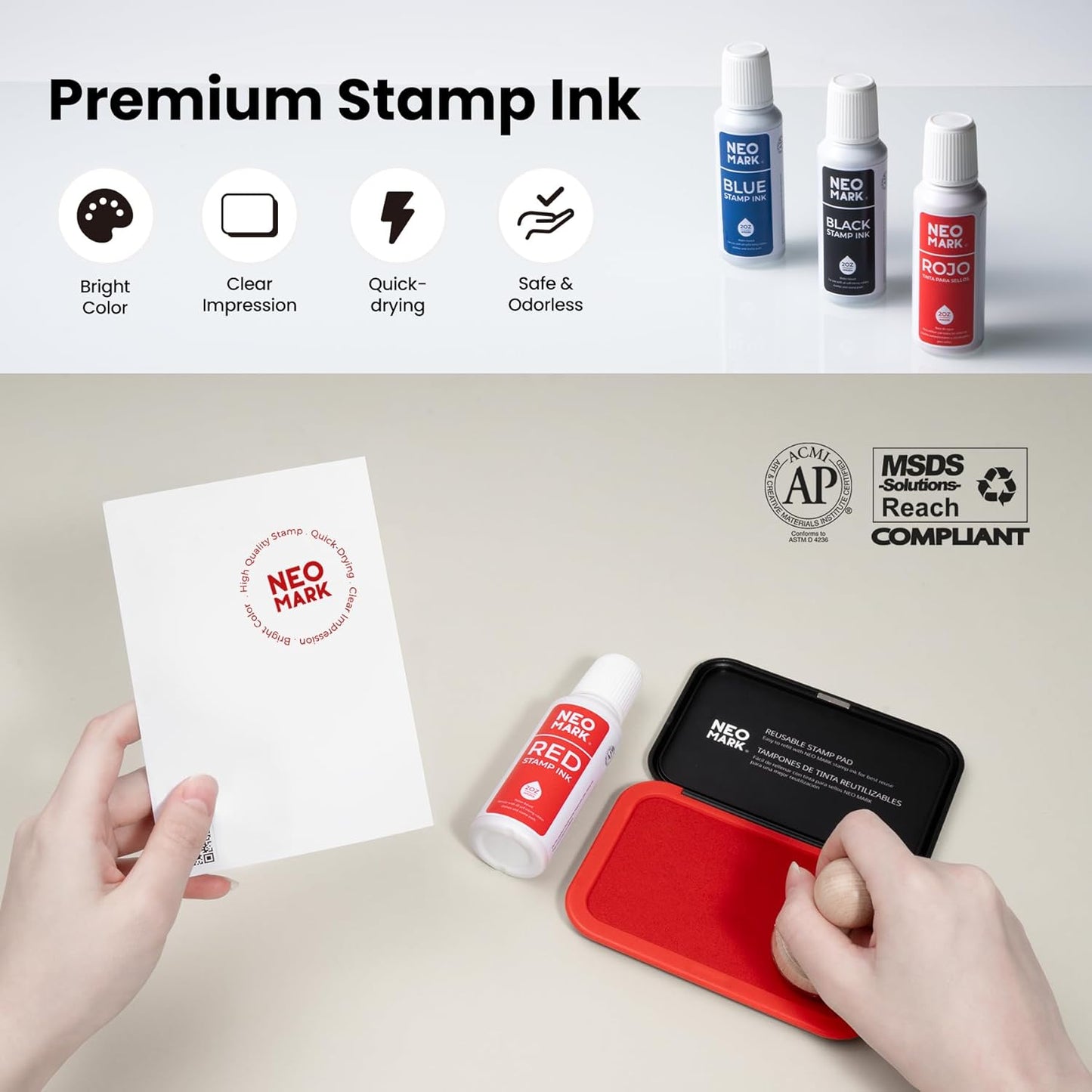 Premium Stamp Ink, Quick-Drying & AP-Certified Non-Toxic Refill Ink for Self-Inking Stamps, Date Stamps and Stamp Pads (Red, 2oz)