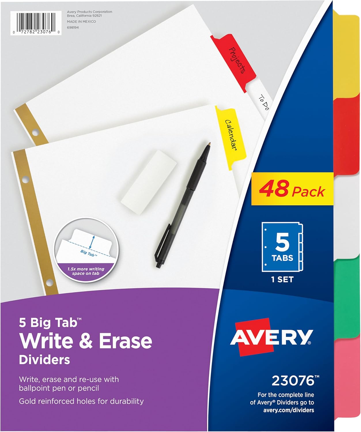 Avery Big Tab Write & Erase Dividers for 3 Ring Binders, 5-Tab Sets, Multicolor Divider Tabs, Great for Organizing Projects, Reports, Finances, and More (48-Pack of 23076)