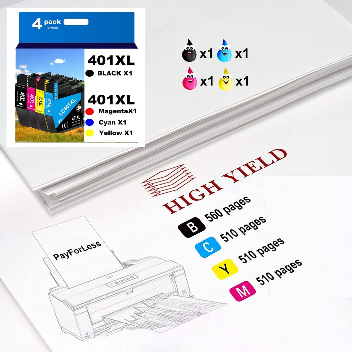 PayForLess LC401XL Ink Cartridges for Brother Printer Compatible for LC401 401 XL MFC-J1010DW MFC-J1012DW MFC-J1170DW Printer 4 Pack (1 Black, 1 Cyan, 1 Magenta, 1 Yellow) Not Original Ink Cartridge