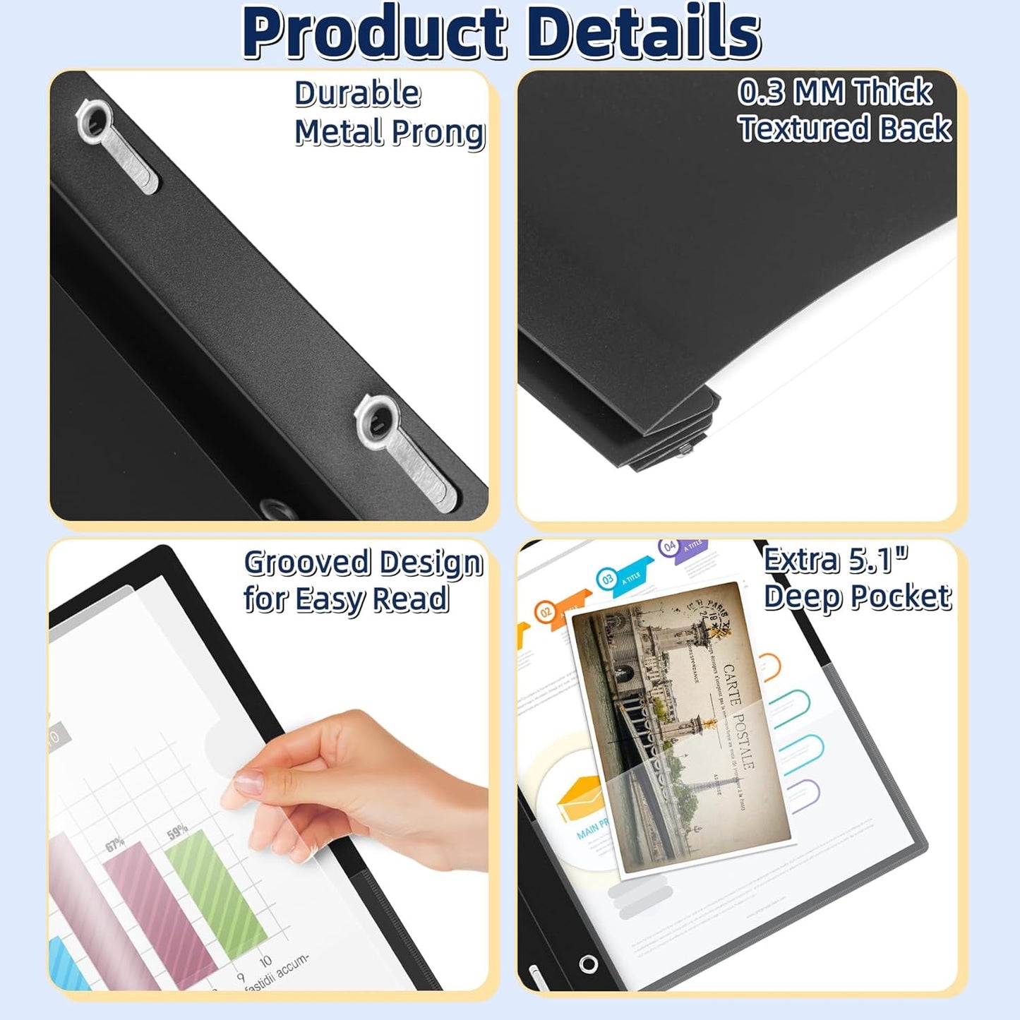 HAUTOCO 30 Pack Plastic Report Covers with 3-Prong Fasteners Clear Front Presentation Folders Resume Folders for 8.5x11 Letter Size Paper, Document Report Cover for School Office Business, Black