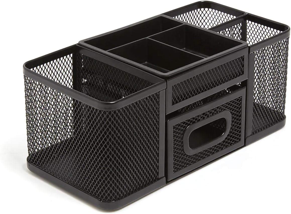 1InTheOffice Desk Supplies Organizer, Desk Caddy 7-Compartment Wire Mesh Accessory Holder, Matte Black