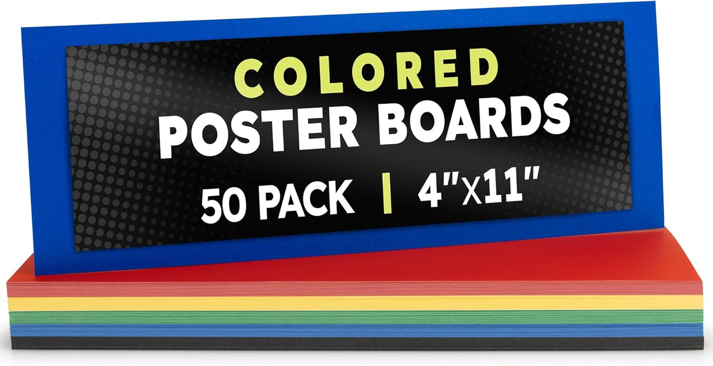 Hygloss Small Colored Poster Board 4x11 - 50 Assorted Standard Color Poster Boards Bulk Pack - Red, Yellow, Green, Blue, Black - 10 Pt. Thickness Poster Board Paper - Posterboard Multipack 4" x 11"