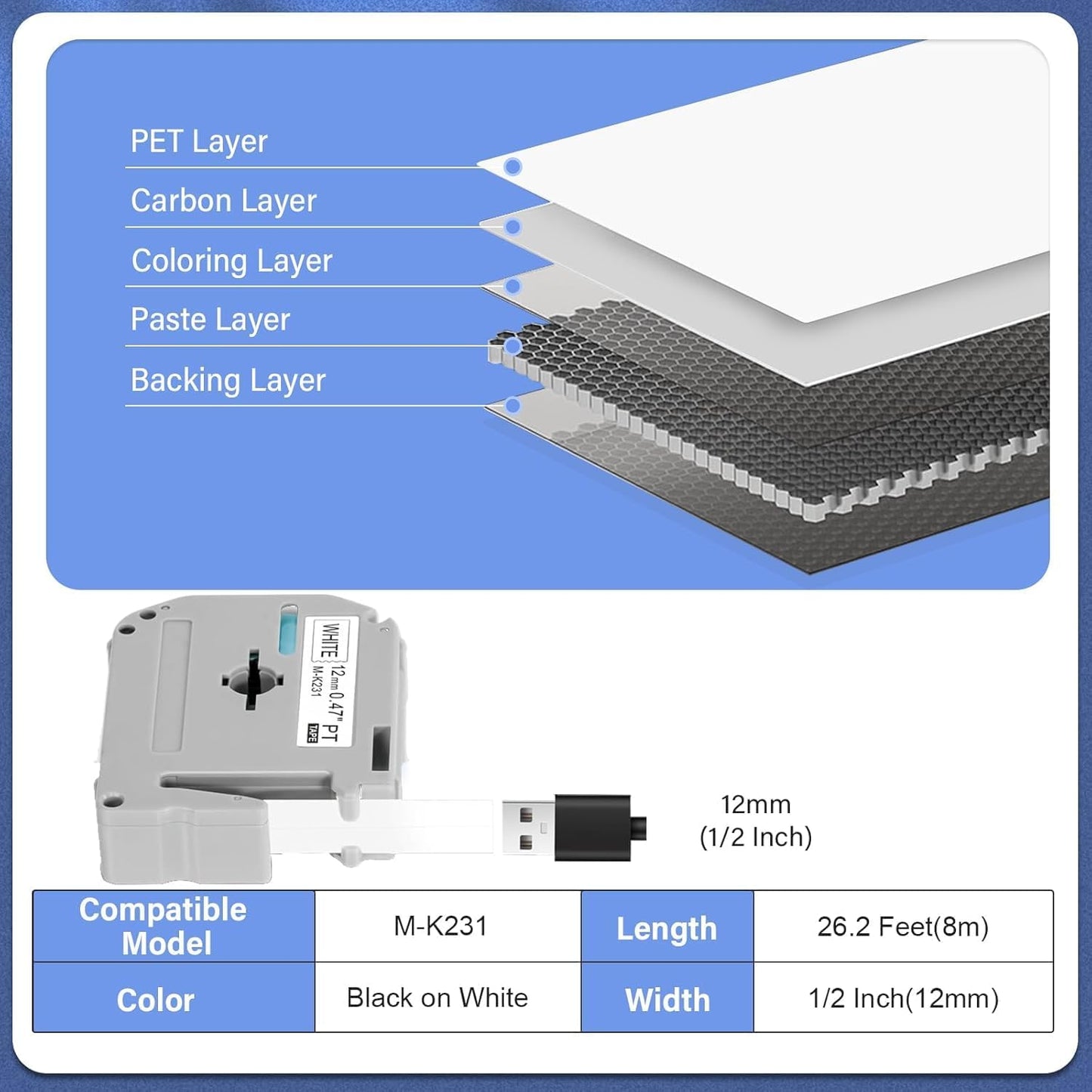 6 Pack M-K231 M Tape 12mm Compatible with M-K231s Brother Label Tape Black on White 0.47 Inch Tape for P Touch PT-M95 PT95 PT65 PT-65 PT70 PT85 PT90 Label Maker
