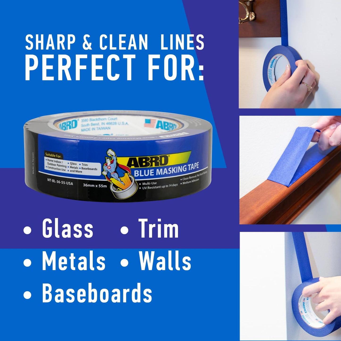 ABRO Blue Painters Tape 1.5 Inch Wide, 36mm x 55M, All Purpose Blue Tape, Temporary Labeling, Easy Tear, Clean Removal, Masking Tape Colored DIY or Pro - 3 Pack