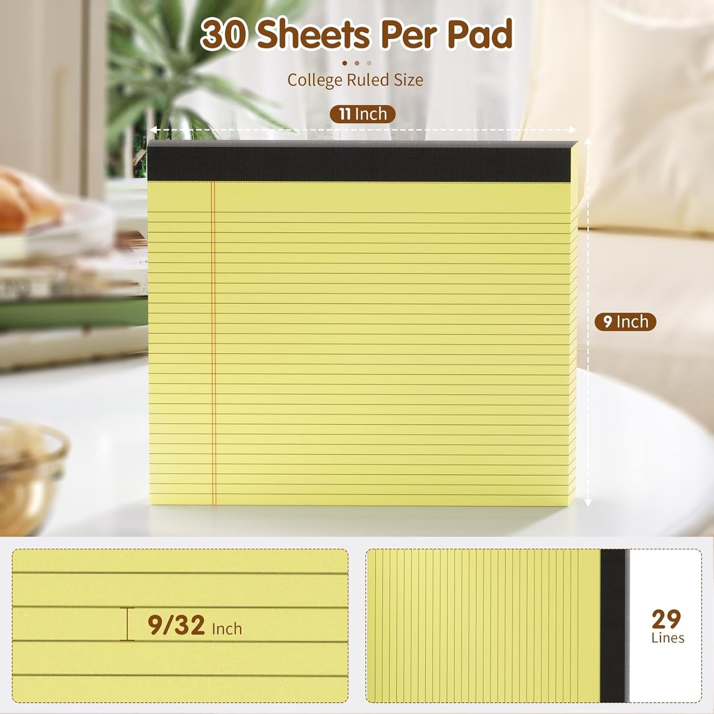 11" x 9.5" Legal Pads College Ruled Notepad 2 Pack White & Yellow Colored Note Pads 30 Sheets Lined Paper Pads 80 GSM Legal Pad 9/32 Inch Writing Pads with Sturdy Back for School, Office, Home