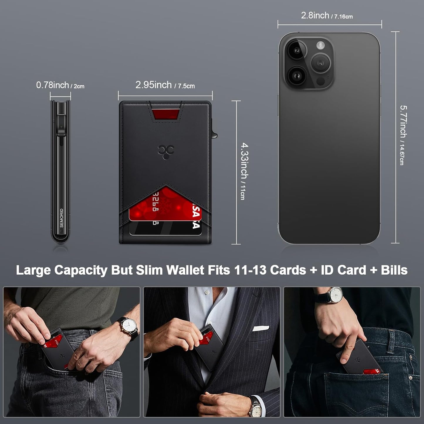 Wallet for Men Wallet with Slim Pop Up Card Holder for 12-14 Cards, RFID Blocking Bifold Minimalist Smart Wallet, Credit Card Holder with ID Window & Cash Slot, Compact Metal Card Case, Gifts for Men