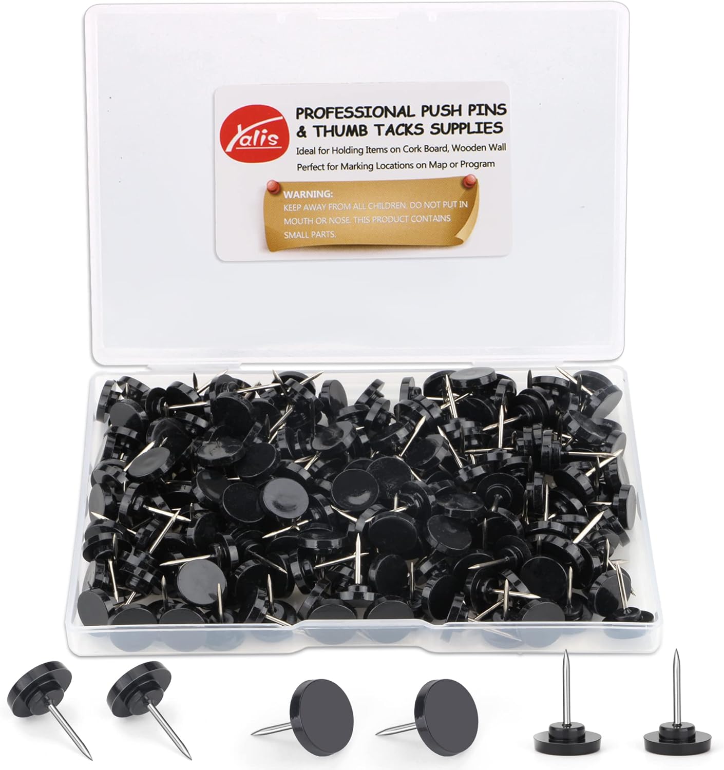 Push Pins 200-count Flat Black Thumb Tacks Steel Point and Plastic Head for Corkboard and Wooden Photo Wall