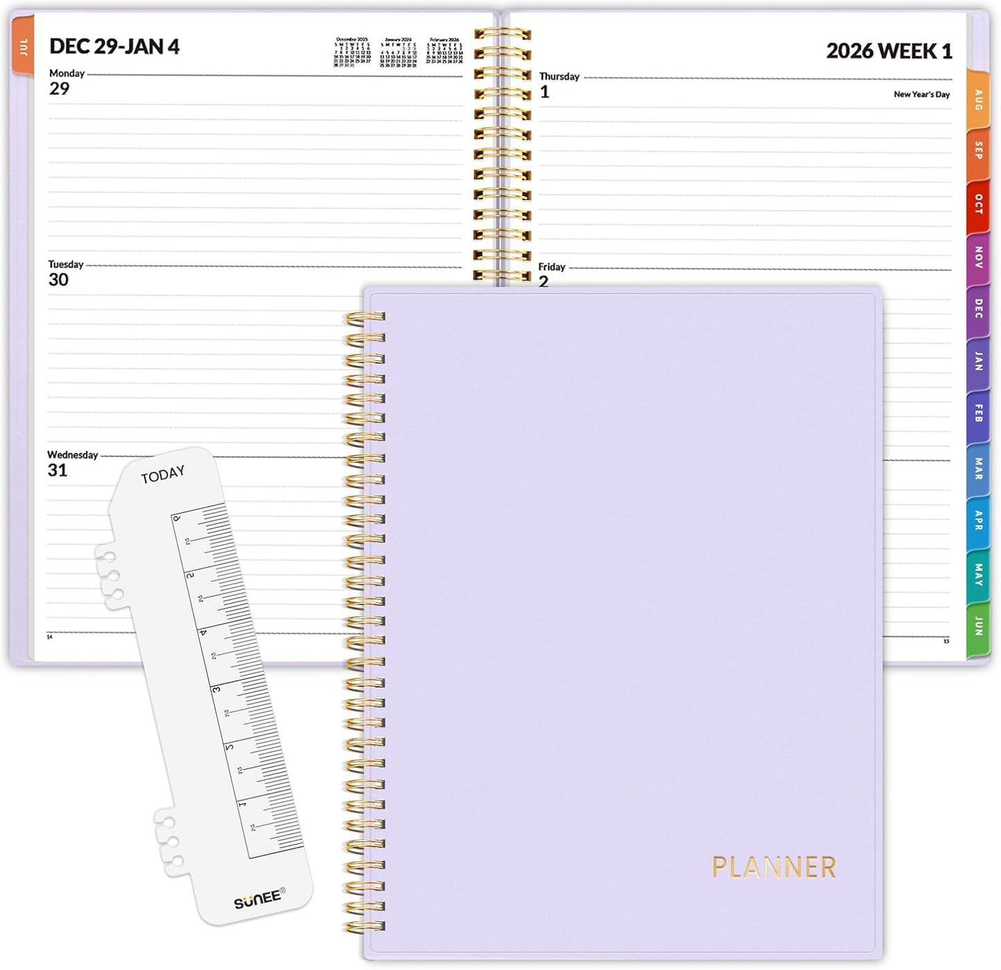 SUNEE 2026 Weekly and Monthly Planner - from January 2026 - December 2026, 8.5"x11" Daily Agenda Planner with Monthly Tab, Flexible Cover, Note Pages, Pockets, Bookmark, Spiral Binding, Purple