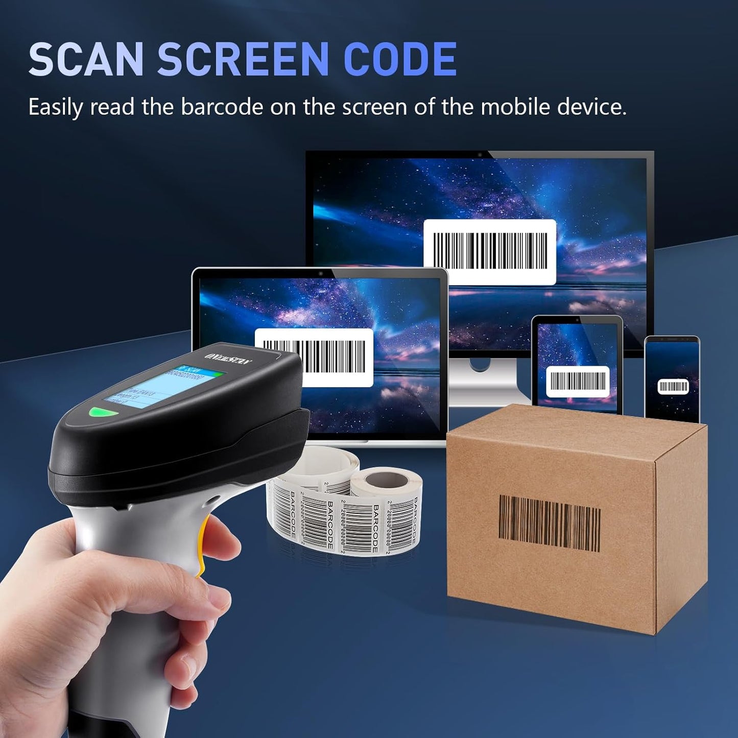 Barcode Scanner Wireless 1D, ONEWSCAN Barcode Reader with Smart Charging Base Stand 2.4G Wireless & USB Wired Connection Plug and Play Handheld Bar Code Scanners with Screen