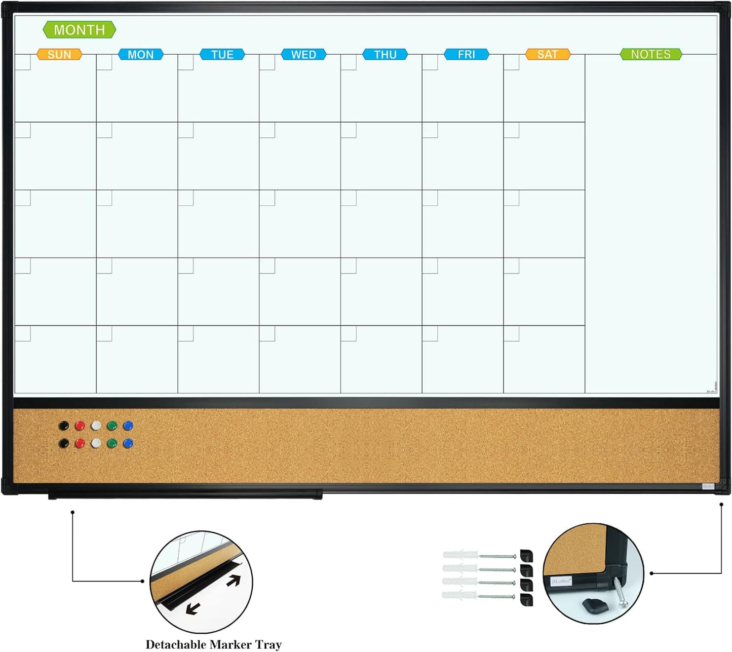 JILoffice Magnetic Calendar Whiteboard & Bulletin Corkboard Combination, Combo Board 36 x 24 Inch, Black Aluminum Frame Wall Mounted Board for Office Home and School with 10 Push Pins