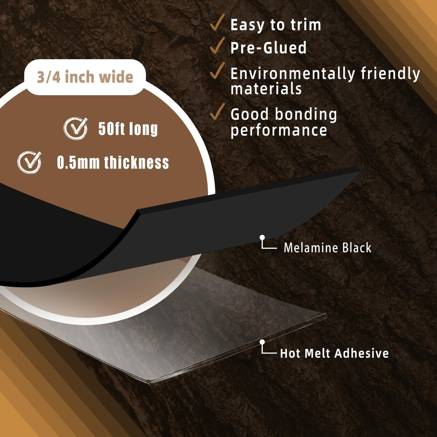 GSCIT Club Black Edge Banding, 3/4 inch x 50ft Melamine Edge Banding with Hot Melt Adhesive Preglued Cabinet Edge Banding Flexible Black Veneer Edging