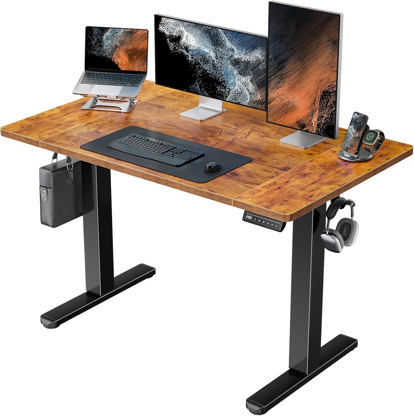 HUANUO 48 x 24 inch Electric Standing Desk, Height Adjustable Table with Headphone Hooks & Cable Manager, Sit to Stand up Desk for Home Office, Vintage Brown