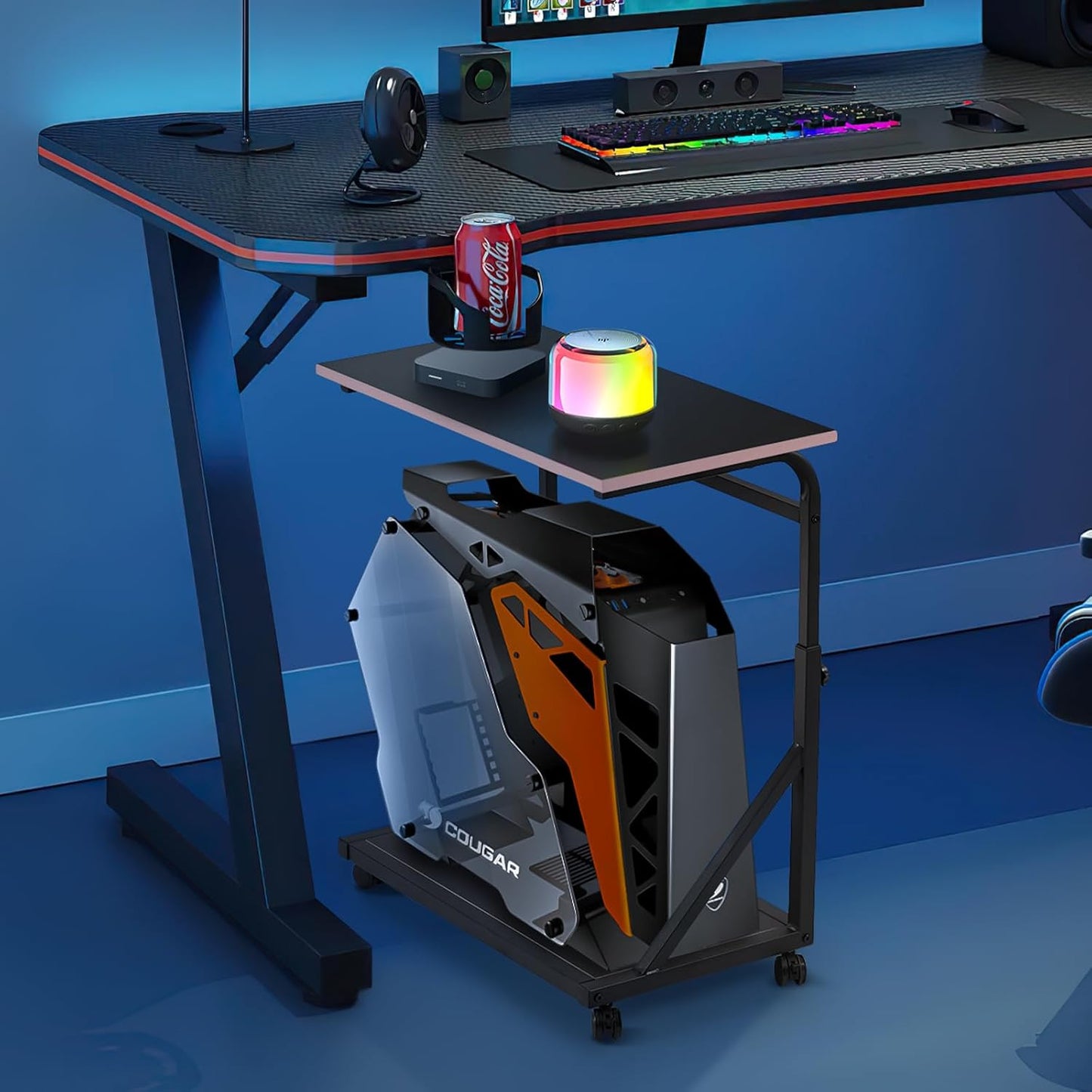 Ergonomic Height Adjustable Computer Tower Stand, 2-Tier CPU Holder Cart Under Desk, PC Floor Stand for Office Gaming Black and Pink