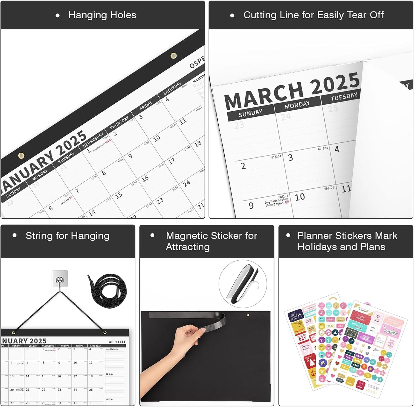 Ospelelf Magnetic Calendar 2025-2026 for Refrigerator, Desk Wall Calendar, January 2025 to June 2026, Monthly Large Planner Pad with Plastic Cover 17" X 12" Black