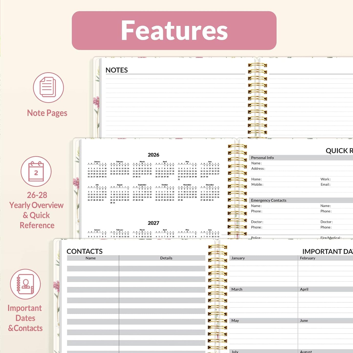 SUNEE 2026 Weekly and Monthly Planner - from January 2026 - December 2026, 8.5"x11" Daily Agenda Planner with Monthly Tab, Flexible Cover, Note Pages, Pockets, Bookmark, Spiral Binding, Wildflowers