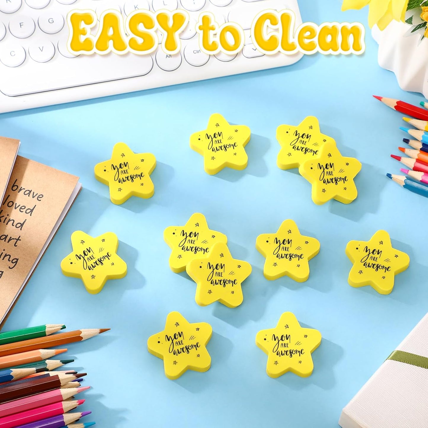 Spakon 25 Pcs Inspirational Star Erasers for Kids Bulk Cute Back to School Erasers 1.57" Fun Eraser for Classroom Prize You're A Star Yellow Motivational Gift for School Student Rewards