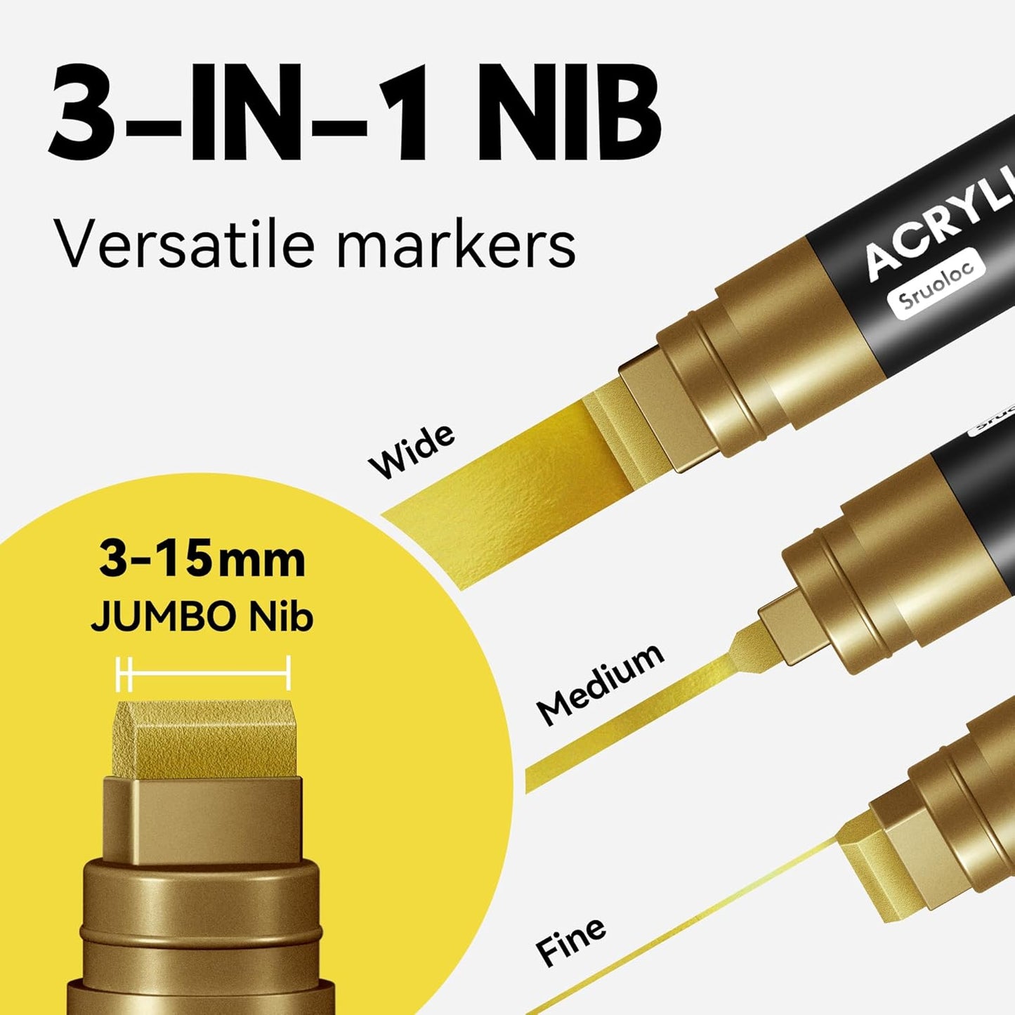 3 Jumbo Permanent Markers Gold, 15mm Thick Wide Tip, Large Acrylic Paint Markers for Rock Painting, Poster, Stone, Ceramic, Glass, Wood, Canvas