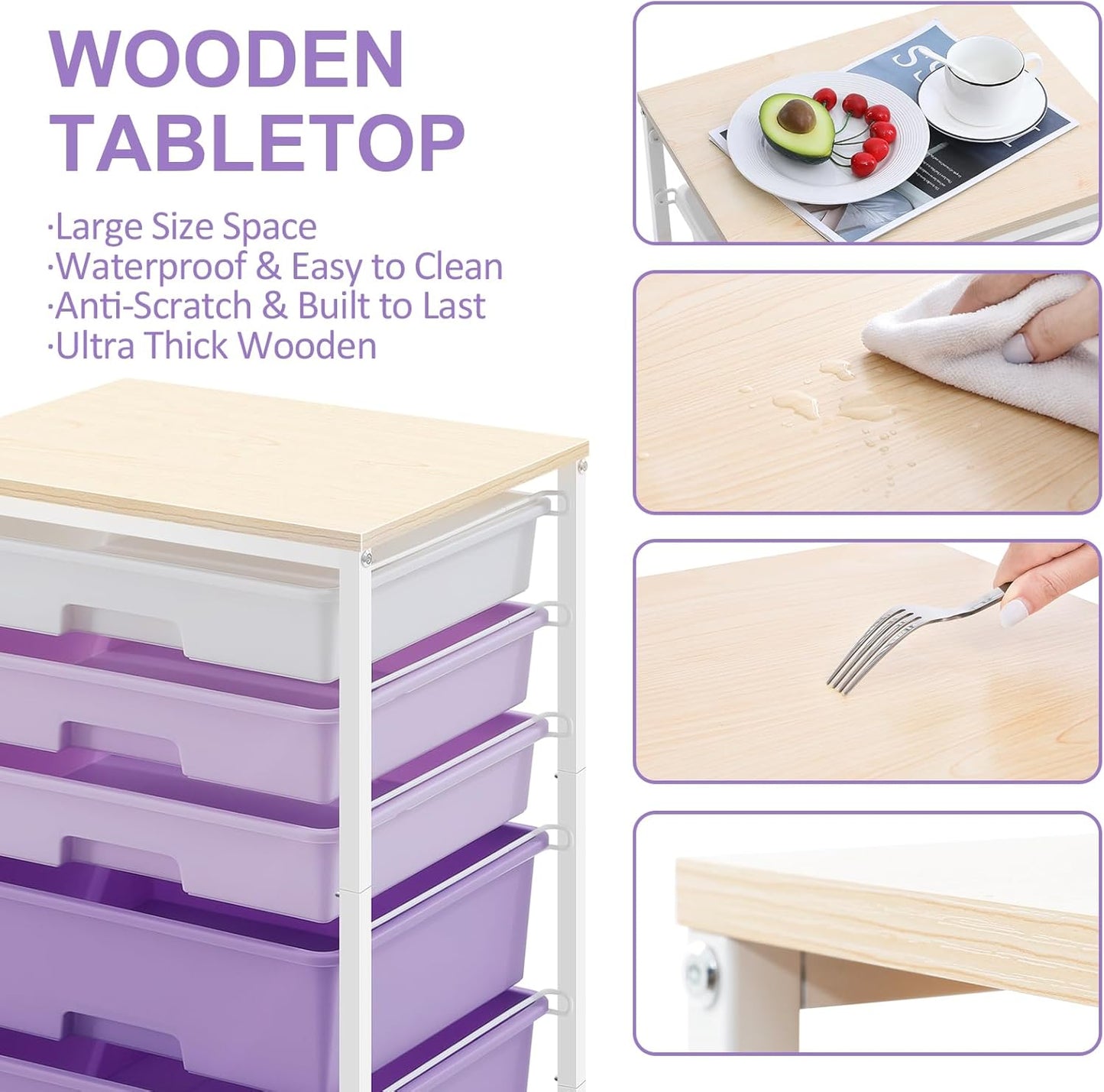 Utility Cart with 5 Drawers,Storage Drawer Cart with Wooden Tabletop and Lockable Wheels,Craft Storage Trolley Cart,5-Tier Rolling Utility Cart on Wheels,Purple