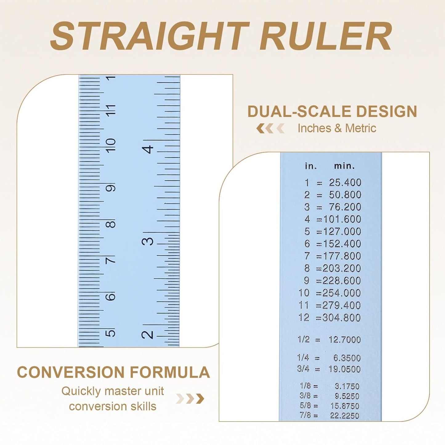HARFINGTON 2pcs Metal Straight Ruler 20cm Metric SAE Aluminum Alloy Measuring Rulers Scale Tool with Hole for Measure Study Reading Classroom Office, Light Blue