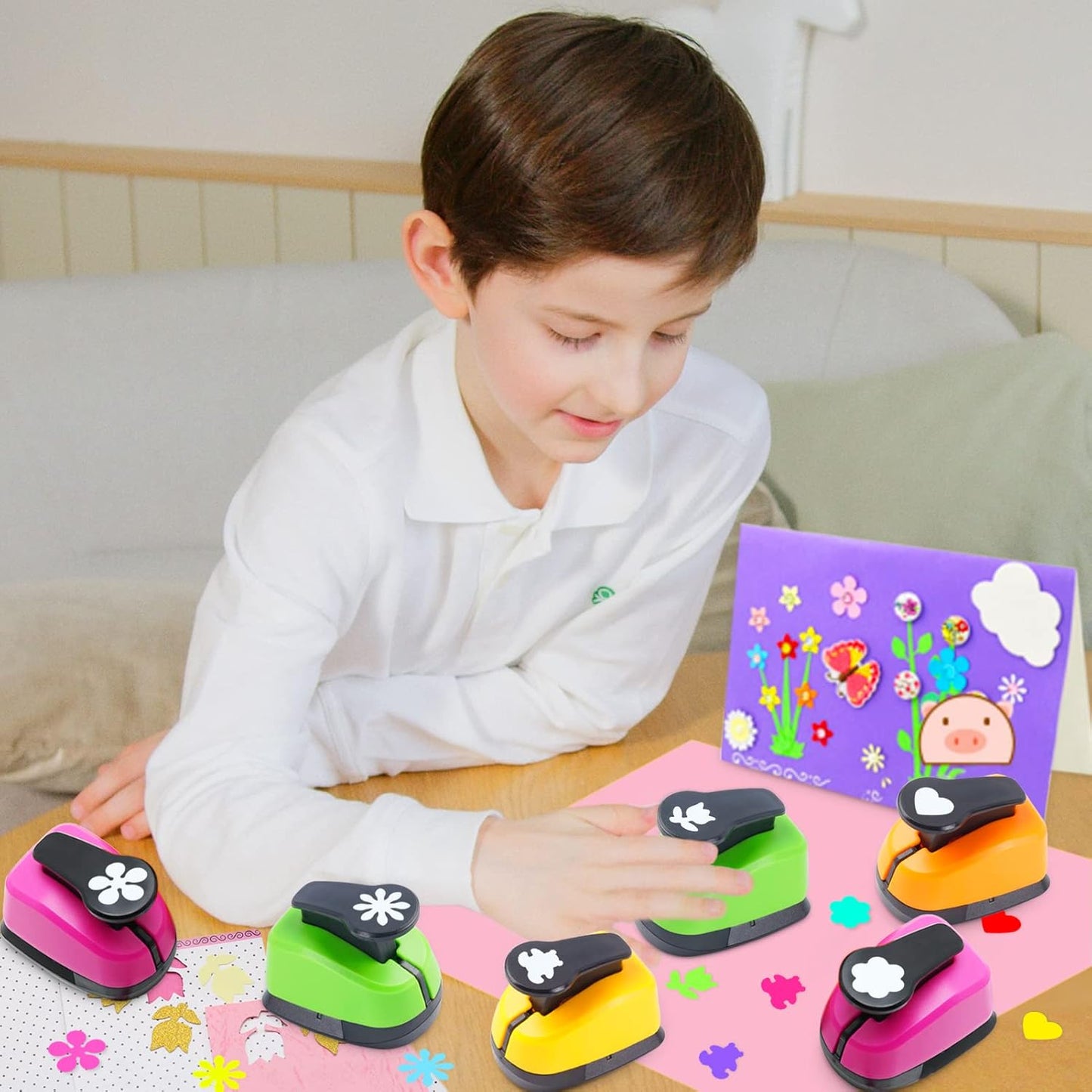 Heart Punch, Flower Hole Punches, Flower Punch, Flowers Paper Punches, 1 inch Hole Puncher for Crafts, 6PCS Flowers Shape Hole Puncher, Heart PaperPunch, Star HolePunch for Scrapbooking