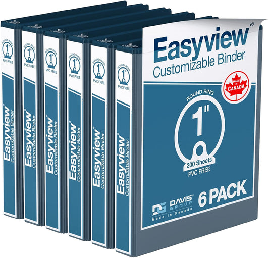 Easyview Premium 3-Ring Binders with Clear-View Covers and Round Rings, Binders for School or Office, 1 Inch, Pack of 6, Navy Blue