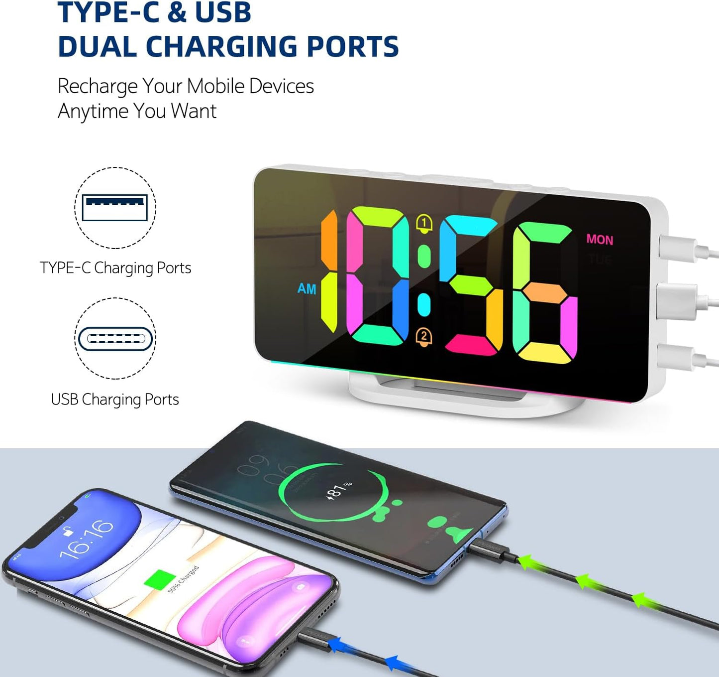 Hournor Digital Alarm Clock, LED Digital Clock for Bedrooms with 10 Color Changing Night Light, Adjustable Brightness, USB Charging Port, Bedside and Desk Clocks for Living Room Office (White)