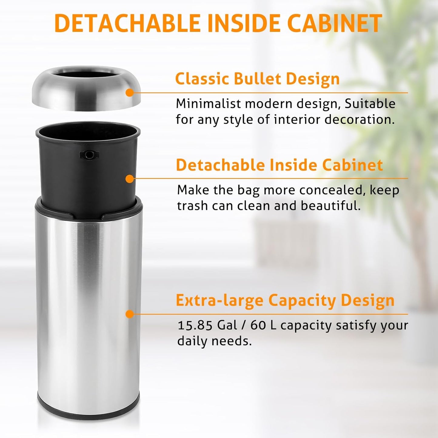 WICHEMI 16 Gallon Commercial Large Trash Can, Bullet Outdoor Trash Bin with Open Top Lid, Brushed Stainless Steel Garbage Can, Silver