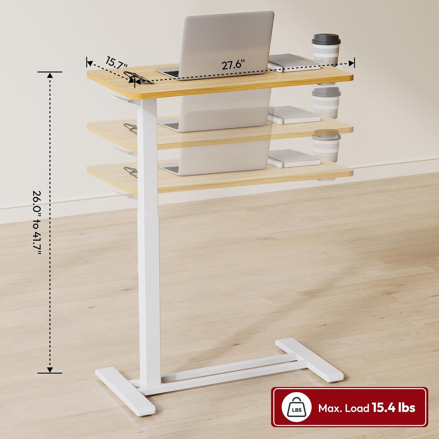 SANODESK Mobile Standing Desk with Hidden Wheels,Pneumatic Laptop Desk Rolling Computer Cart Movable Height Adjustable Small Sit Stand Desk for Home Office(27.6" W x 15.7" D,Maple)