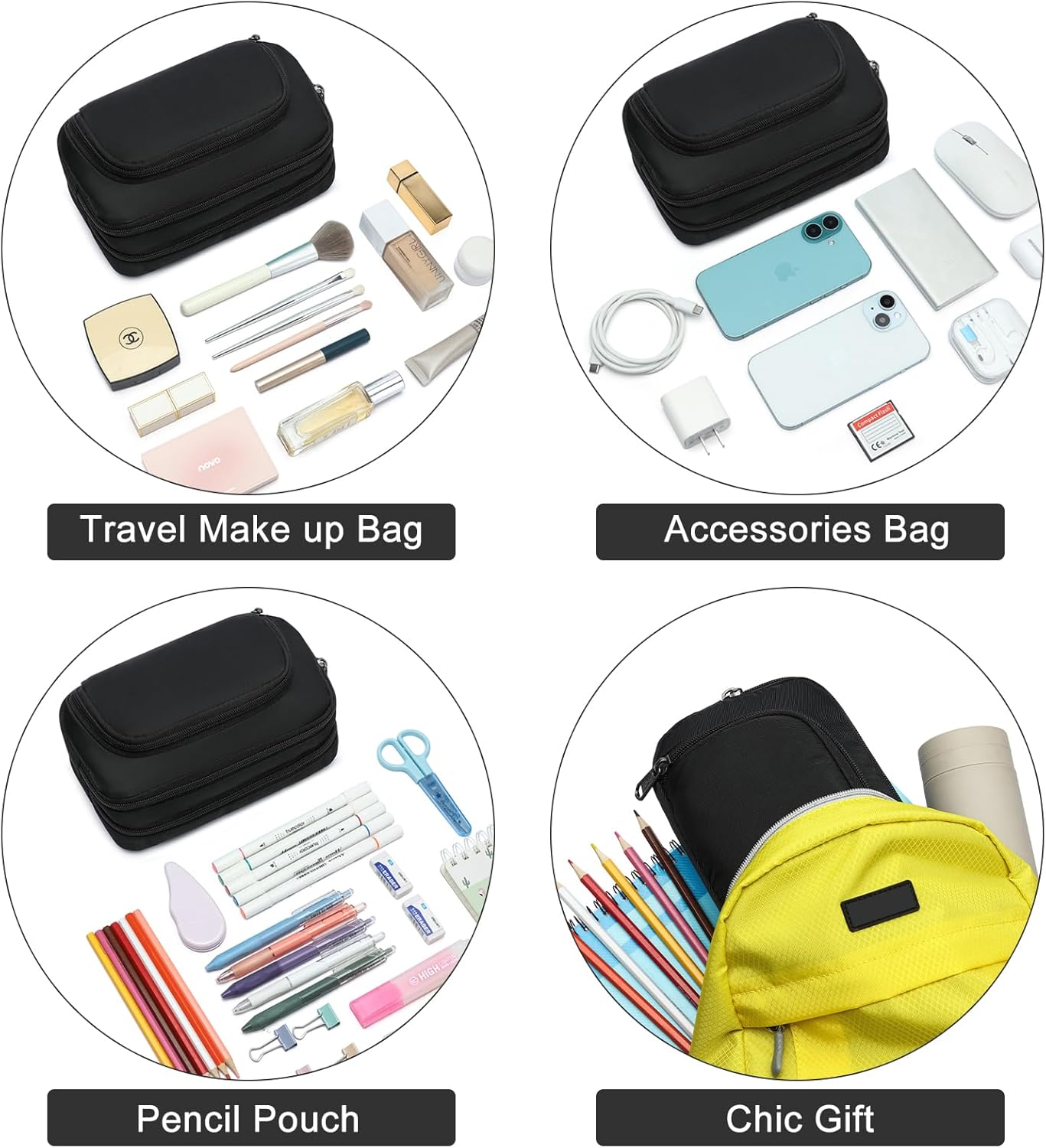 XQXA Pencil Pouch Large Capacity Pencil Case Organizer, Multifunctional Pen bag with 3 Compartmens, Big Pencil Bag for Office Travel Men Women Adult (01-Black)