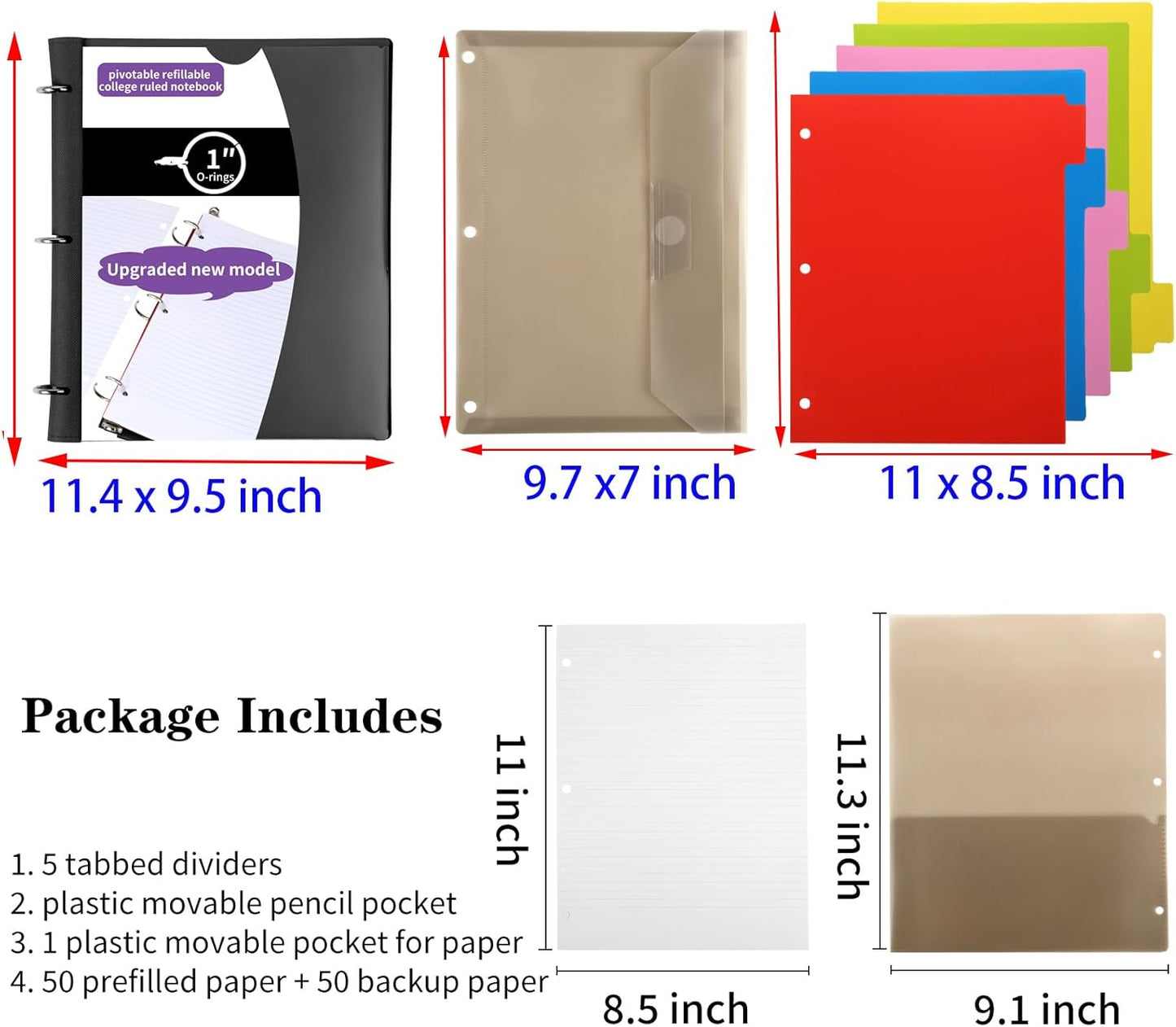 Pivotable Refillable Notebook, Upgraded 1 Inch 3 Ring Notebook Binder, 100 College Ruled Paper, 5 Subject Notebook with Dividers and Folder Pockets, Tabs- Black