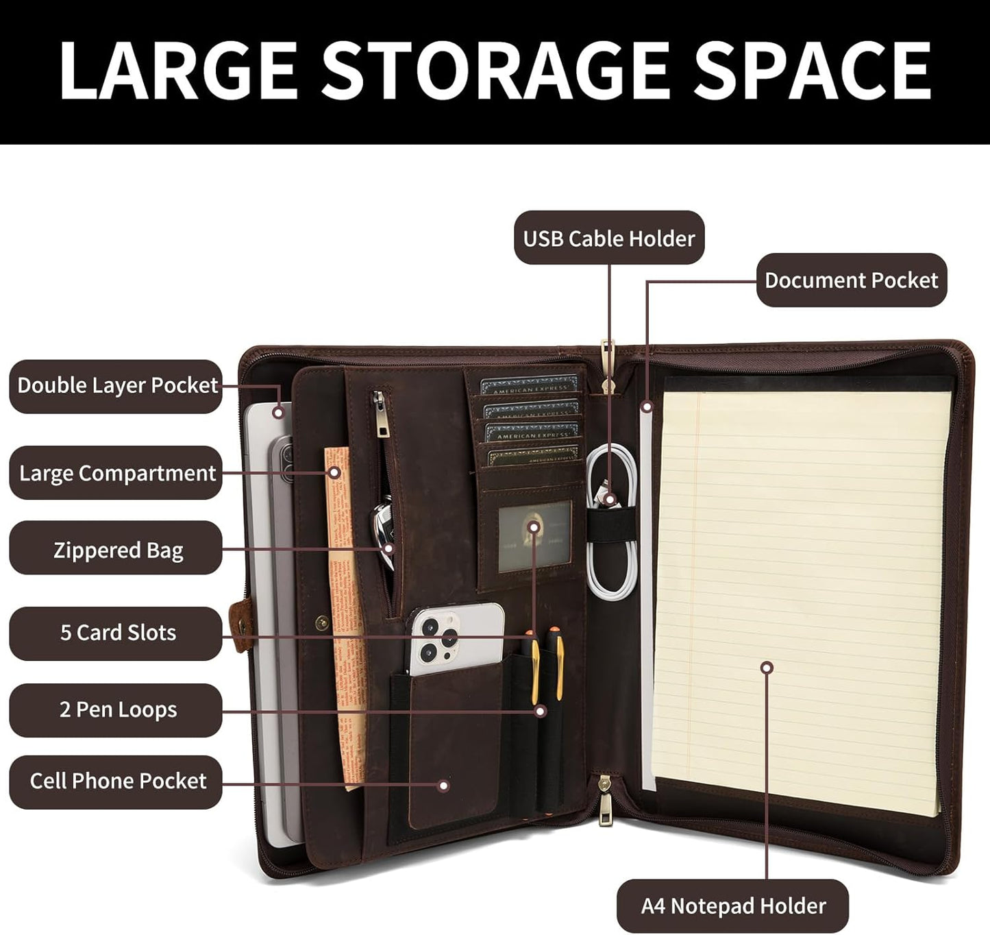 Genuine Leather Portfolio, Legal Size 8.5 x 14 Pad Holder, Business Padfolio for Men and Women, Zippered Laptop Organizer, Executive Professional Work Travel Notepad Folio, Dark Brown