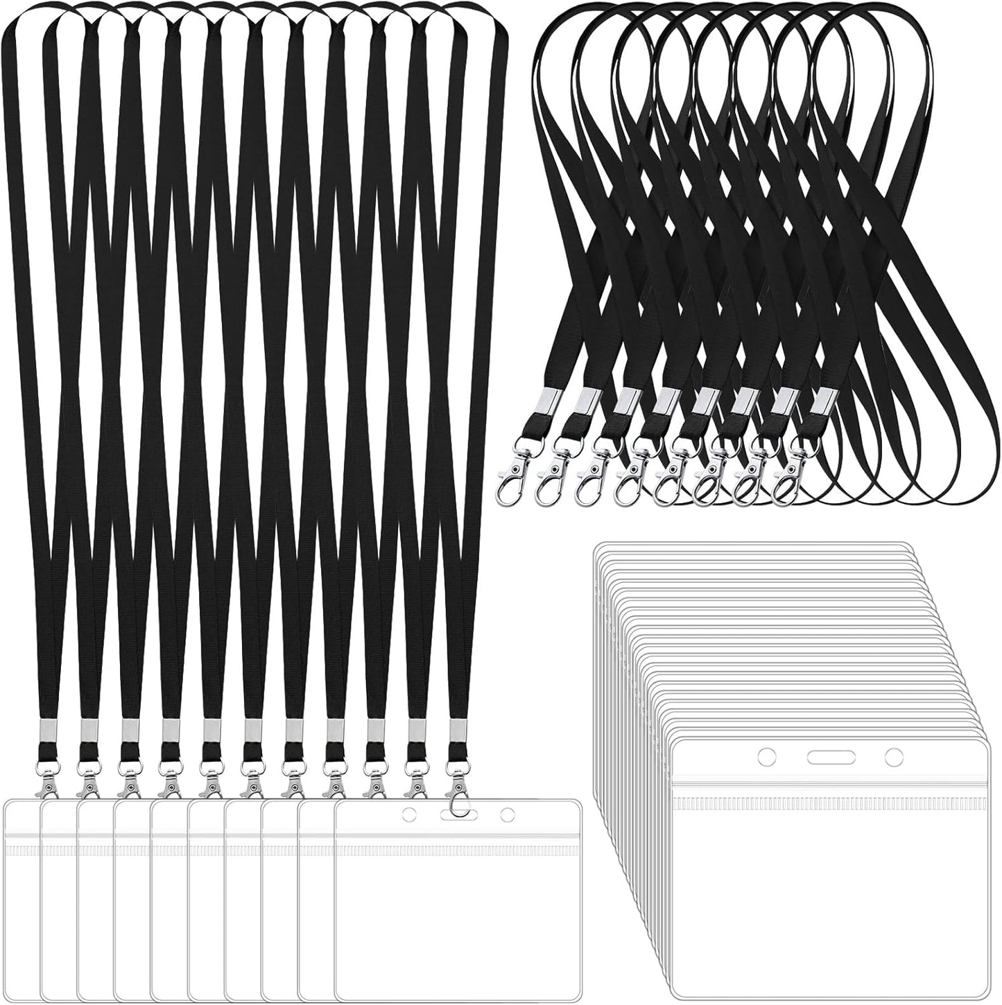 100 Pack Lanyards for ID Badges with Clear Name Tags, Reusable Lanyards Horizontal ID Card Badge Holders Plastic Name Badges for Men Women Kids Business School and Office Supplies (Black)