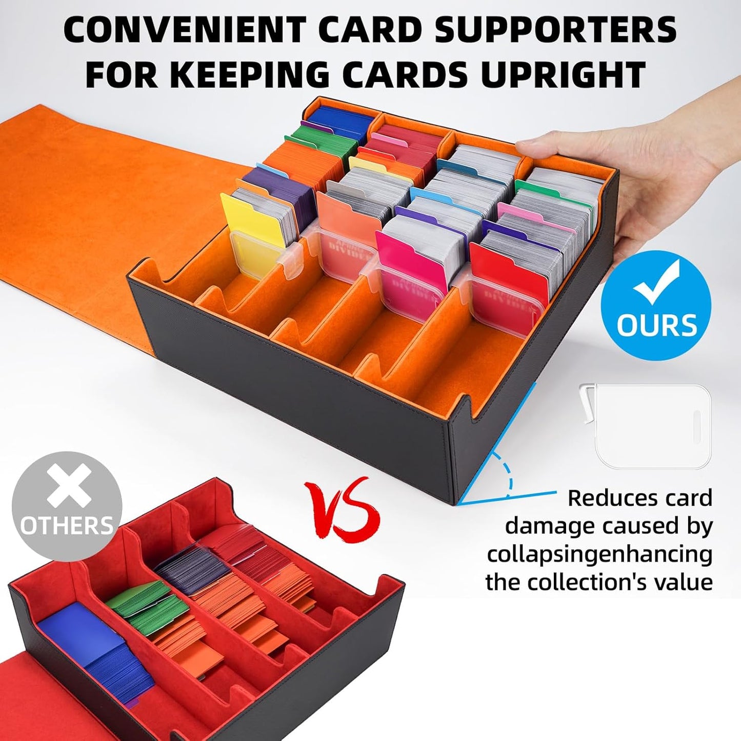 AFIING 4-Row Trading Card Storage Box – Holds 3200+ Cards, 48 Dividers & 4 Stoppers, Card Deck Box for MTG TCG Sports Cards – Includes 1 Dice Bag(Black Orange)