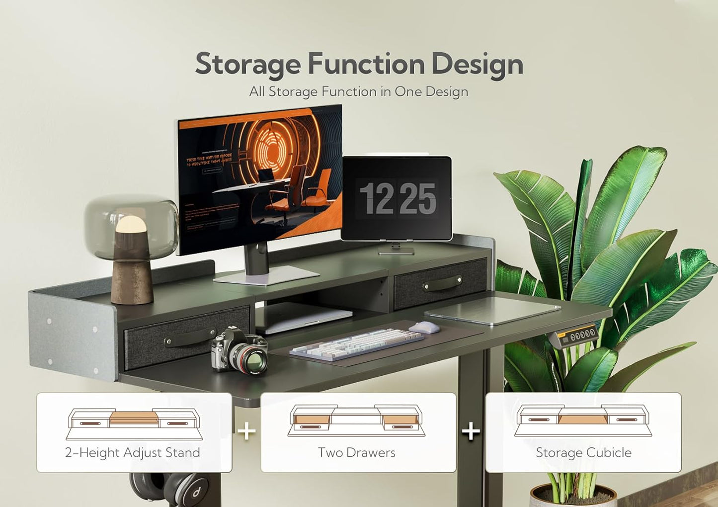 YDN Standing Desk with Drawers, 63 Inch Standing Desk Adjustable Height, Adjustable Electric Stand Up Sit Stand Small with Storage and Shelf, Black