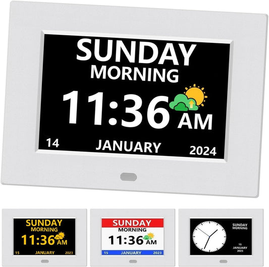 7 Inch Digital Clock with Day and Date for Elderly Alzheimer's Clock Customizable Alarms 3 Display Modes Large Font Alarm Clock for Seniors Auto DST White