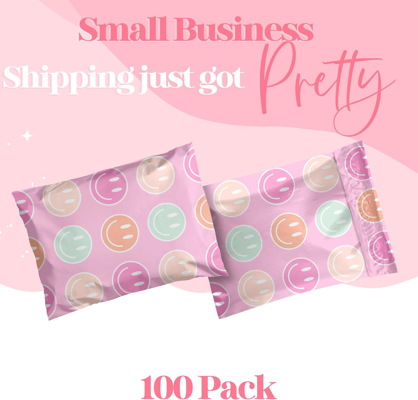 14.5x19 Designer Poly Mailer 100 Pack Heavy Duty Waterproof Self Seal Shipping Bags for Small Business Large Mailing Envelopes Bulk Tear Resistant Cute Packaging Smiley Face