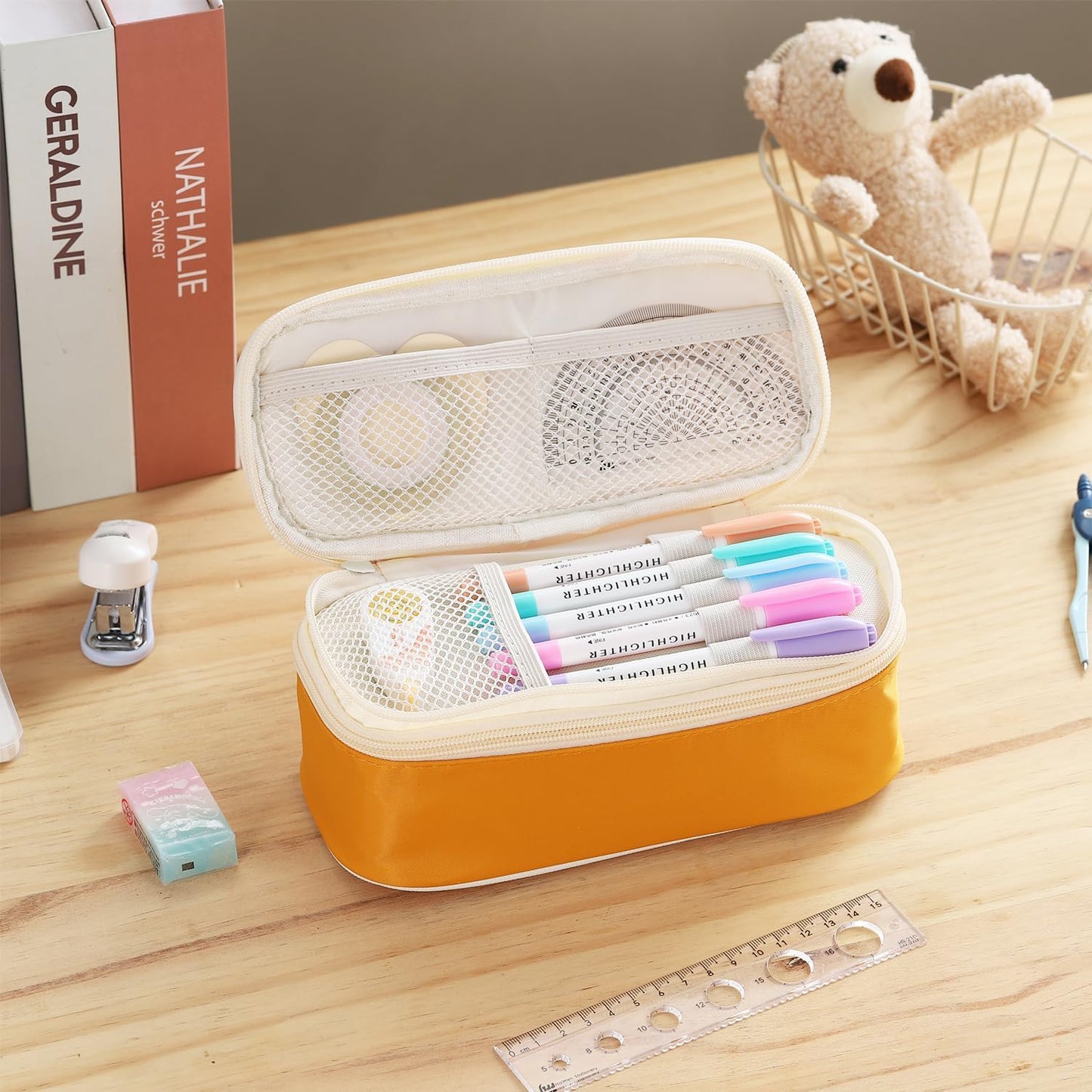 Big Pencil Case Large Capacity Pencil Bag with Zipper Pencil Pouch for Girls Boys Kids Adults Stationery Pencil Pen Case Organizer for School Office Yellow