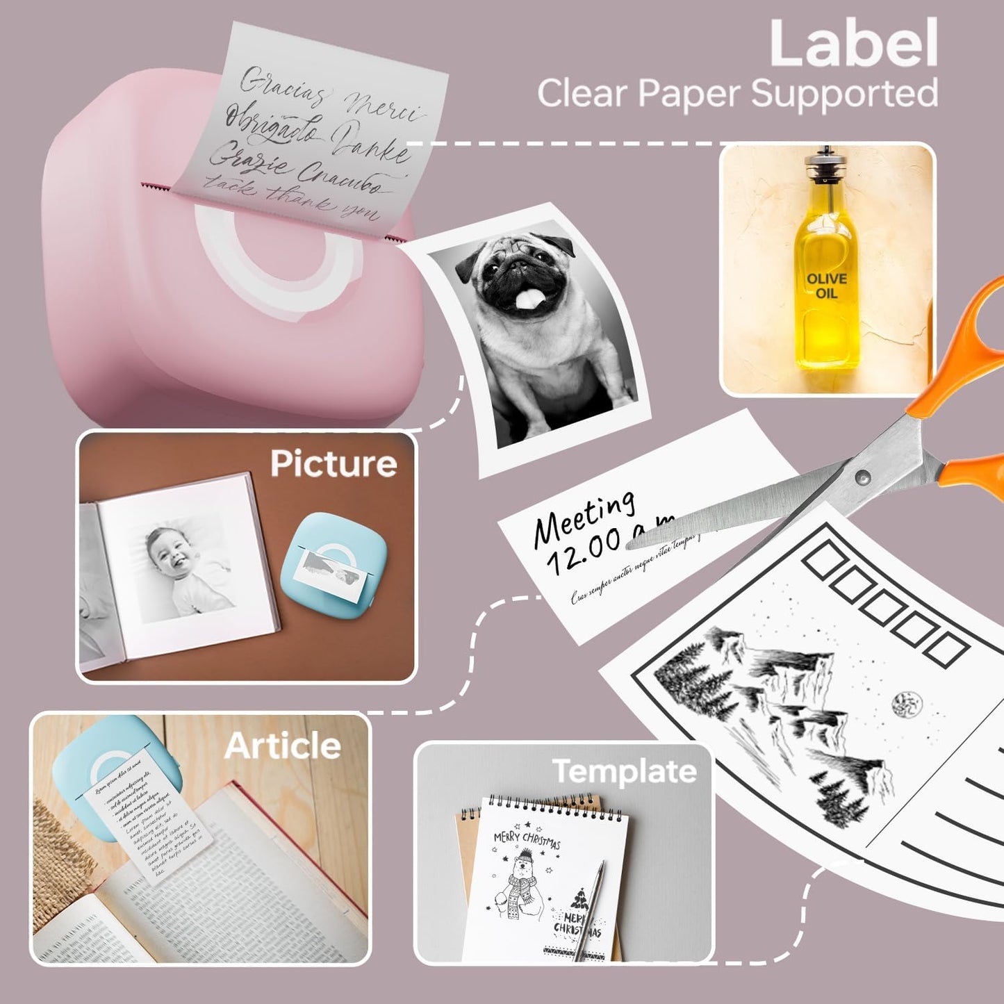 Mini Printer Sticker Thermal Printer with 3 Rolls Paper, Bluetooth Portable Phone Print Pods,Study Sticker Maker for Pictures, Photos, Journals, DIY, Compatible with Phone & Tablet