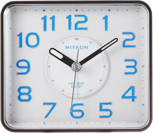 Miykon Small Square Analog Alarm Clock – Silent Non-Ticking, Battery Operated with LED Light & Snooze – Desk, Table, Travel or Bedside Clock for Bedroom, Office, Bathroom – Black 4 Inch